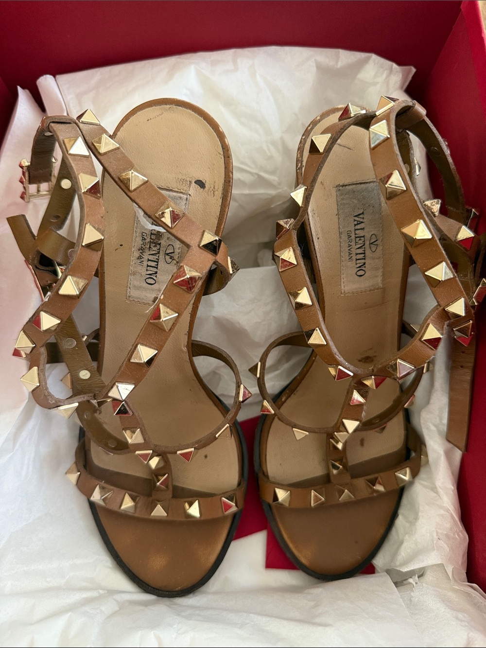 Valentino Garavani Tan Leather Rockstud Strappy Heels with Gold Studs